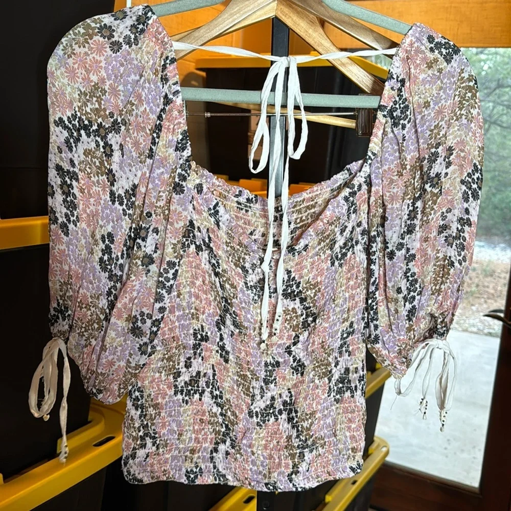 NWT Free People Back On Top Floral Smocked Puff Sleeve Top Size Small